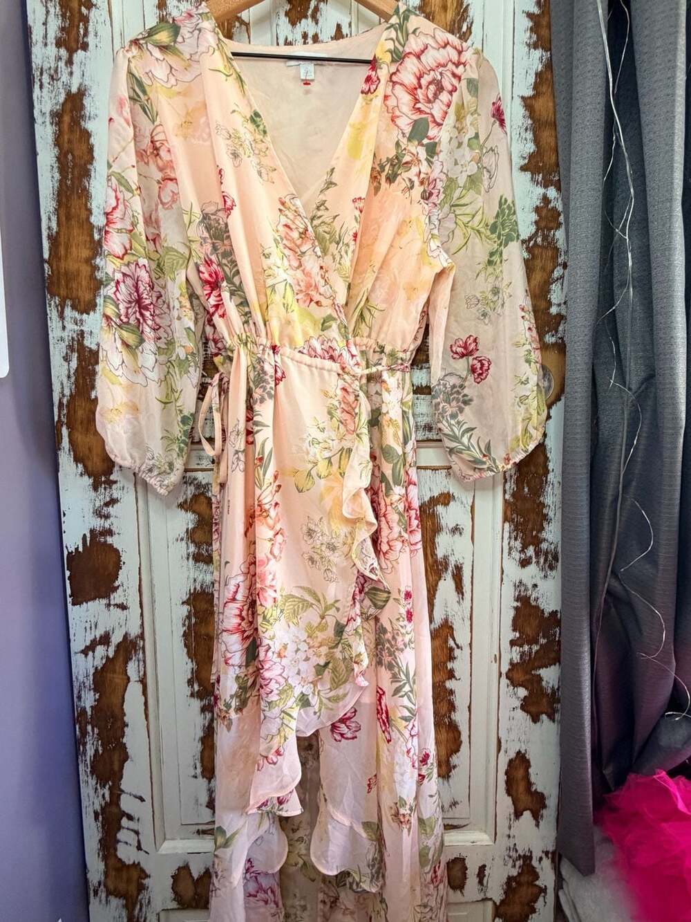 New York & Co Floral Wrap Maxi Dress Size XL Petite Pink Floral Boho